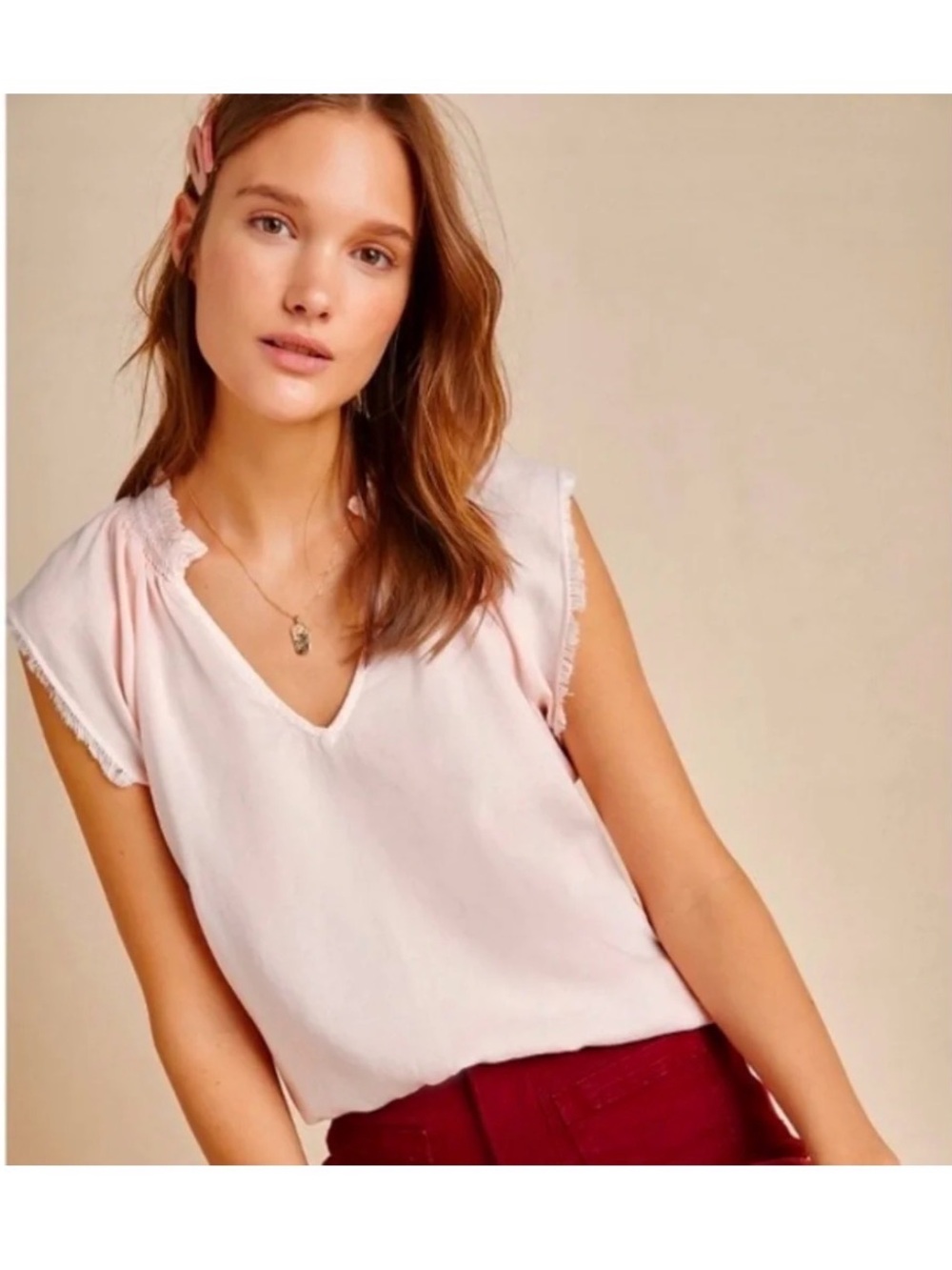 cloth & stone Pale Pink V-Neck Cap Sleeve Top